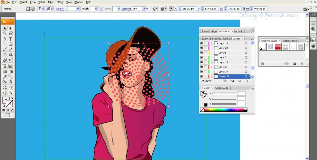 Adding the halftone patterns to the body area of the girl 01 (click to zoom image) 